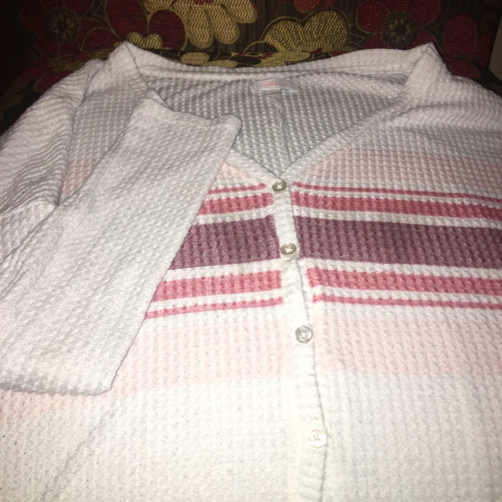 Size medium cardigan. White with pink and purple stripes.